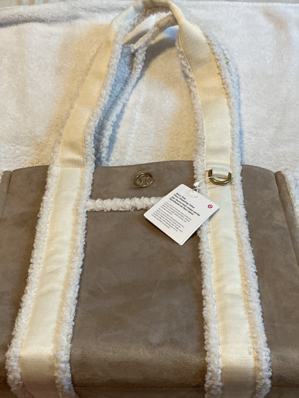 lululemon athletica Beige Suede Tote with Cream Shearling Trim